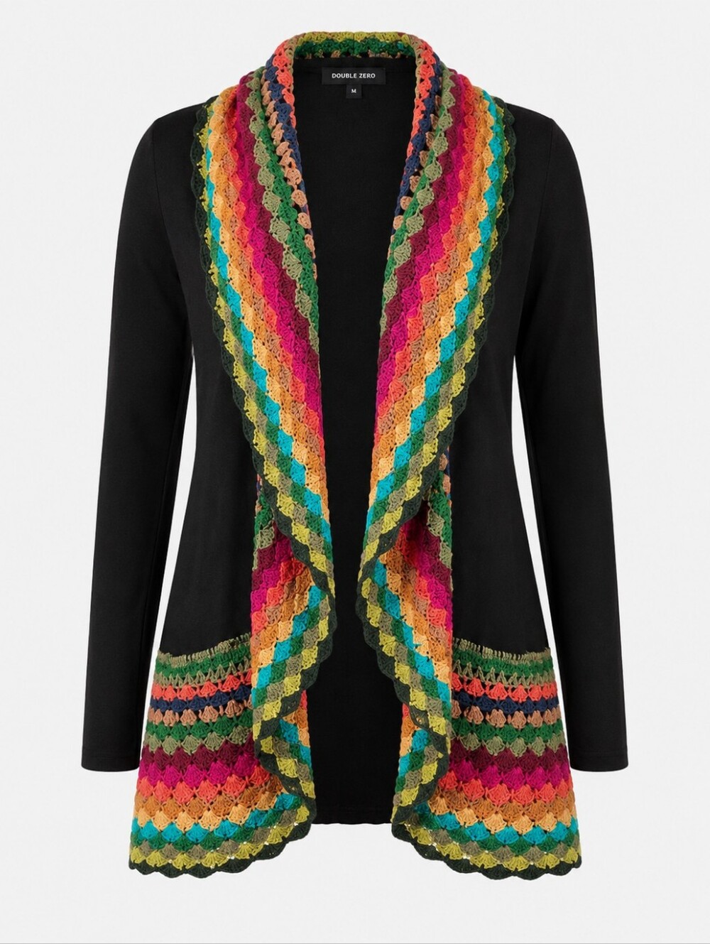 DOUBLE ZERO | Rainbow Crochet Trim Black Waterfall Cardigan Cottagecore Boho | M